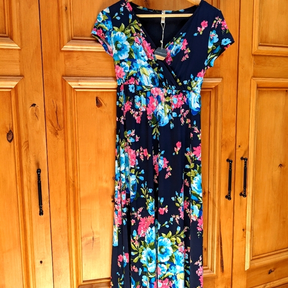 PinkBlush Flowered Navy Maternity/Nursing Dress - Picture 1 of 3